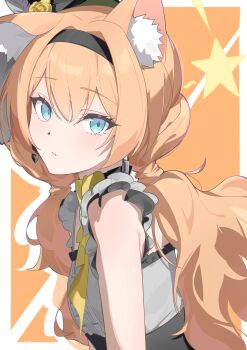 1girl absurdres animal_ear_fluff animal_ears black_hairband black_hat blue_archive blue_eyes breasts cat_ears commentary dress flower from_side hair_between_eyes hair_flower hair_ornament hairband halo hat highres idol_clothes long_hair looking_at_viewer low_twintails mari_(blue_archive) mari_(idol)_(blue_archive) official_alternate_costume orange_hair parted_lips rose sleeveless sleeveless_dress small_breasts smile solo symbol-only_commentary twintails x_am yellow_flower yellow_rose