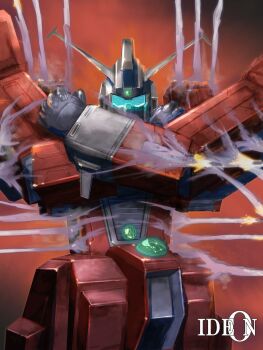 assault_visor clenched_hands commentary_request copyright_name densetsu_kyojin_ideon firing hands_up highres ideon ideon_gauge magmastudio mecha missile no_humans red_background robot science_fiction solo super_robot upper_body