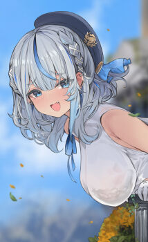 1girl :d amagai_ruka appleseed_(appleseed_art) beret black_bra black_hat blue_hair blue_ribbon blue_sky blue_streaks blurry blurry_background bra bra_visible_through_clothes braid breasts center-flap_bangs collared_shirt commentary_request day ear_piercing earrings fang flower gloves hair_ribbon half_gloves hat highres jewelry large_breasts medium_hair multicolored_hair neck_ribbon open_mouth outdoors piercing ribbon shirt side_braids sky sleeveless sleeveless_shirt smile solo spiked_ear_piercing streaked_hair underwear virtual_youtuber weather_planet white_gloves white_shirt yellow_flower