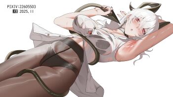 1girl absurdres arm_up armpits black_choker black_horns black_nails black_panties black_pantyhose black_tail blush breasts button_gap choker commentary curled_horns dated demon_tail earrings fingernails grey_hair groin hair_between_eyes hand_up high-waist_pantyhose highres holding_own_tail horns jewelry key_earrings large_breasts long_hair looking_at_viewer lying mole mole_on_breast nail_polish navel no_pants on_back panties panties_under_pantyhose pantyhose parted_lips partially_unbuttoned pixiv_id presenting_armpit red_eyes shirt simple_background solo stomach sweat tail tail_wrap underwear wet wet_clothes wet_shirt white_background white_shirt wuthering_waves xiyu_yy zani_(wuthering_waves)