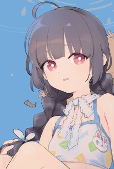1girl antenna_hair bare_shoulders bikini black_hair blue_archive braid bright_pupils commentary_request flat_chest hair_ornament halo highres knees_up leaf light_blush long_hair looking_at_viewer low_twin_braids miyu_(blue_archive) miyu_(swimsuit)_(blue_archive) parted_lips red_eyes sidelocks sitting solo swimsuit twin_braids upper_body urayamashiro_(artist) white_pupils