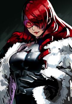 Rule 34 | 1girl, black bodysuit, black gloves, bodysuit, closed mouth, coat, commentary, english commentary, gloves, hair over one eye, highres, kirijou mitsuru, long hair, looking at viewer, persona, persona 4: the ultimate in mayonaka arena, prog ares, red hair, shadow mitsuru, smile, solo, white coat, yellow eyes