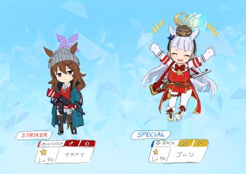 2girls absurdres animal_ears arm_under_breasts beanie black_gloves black_thighhighs blue_archive blue_coat boots bow breasts brown_eyes brown_hair character_name closed_mouth coat dragunov_svd explosive facing_viewer full_body gloves gold_ship_(red_strife)_(umamusume) gold_ship_(umamusume) grenade gun hair_bow halo hat highres hime_cut holding holding_grenade holding_gun holding_weapon horse_ears horse_girl horse_tail kalashnikov_rifle ketsuge knee_pads large_breasts long_hair long_sleeves looking_at_viewer looking_back multiple_girls nakayama_festa_(shichuukyuukatsu)_(umamusume) nakayama_festa_(umamusume) open_mouth pantyhose purple_bow purple_eyes purple_hair red_bow red_coat rifle single_knee_pad sketch smile sniper_rifle tail thighhighs umamusume weapon white_boots white_gloves white_pantyhose