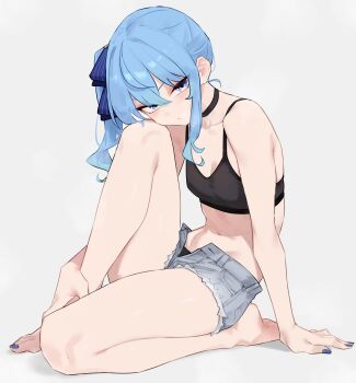 Rule 34 | 1girl, absurdres, barefoot, black bra, black choker, black panties, blue eyes, blue hair, blue nails, bluefield, bra, breasts, choker, cleavage, commentary, denim, denim shorts, feet, full body, highres, hololive, hoshimachi suisei, knee up, looking at viewer, no shirt, open clothes, open fly, open shorts, panties, panty peek, short shorts, shorts, side ponytail, sitting, small breasts, solo, thighs, toes, underwear, virtual youtuber