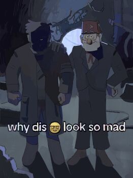 Rule 34 | 2boys, angry, beard, black coat, black shirt, black suit, black vest, cable, clenched hand, coat, debris, english text, facial hair, fez hat, ford pines, formal clothes, full body, glasses, gravity falls, grey hair, grunkle stan, hand on another&#039;s shoulder, hand on own hip, hat, highres, looking at viewer, male focus, meme, multiple boys, neck ribbon, nerd emoji, partially shaded face, ribbon, ruins, shadow, shirt, smile, smumji1, standing, suit, vest, white shirt, why dis ninja look so mad (meme)