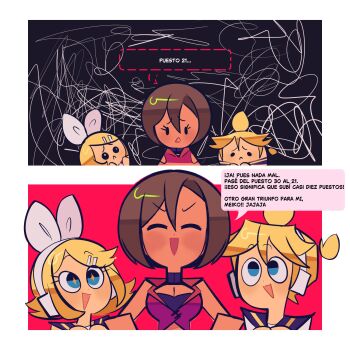 +_+ 1boy 2girls 2koma bare_shoulders black_background black_sailor_collar blonde_hair blue_eyes border breasts brown_hair cleavage closed_eyes closed_mouth comic crop_top dot_nose emoji hair_be hair_between_eyes hair_ornament hair_ribbon hairclip headphones jacket kagamine_len kagamine_rin large_breasts meiko_(vocaloid) mob_face multiple_girls open_mouth pleading_face_emoji rainelyn00 red_background red_jacket ribbon sailor_collar shirt smile spanish_text speech_bubble toon_(style) translation_request triangle_mouth vocaloid white_border white_ribbon white_shirt |_|