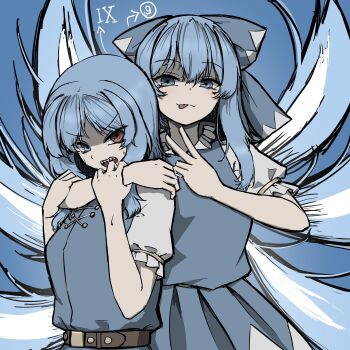 1girl :p absurdres allcy49 belt blue_bow blue_dress blue_eyes blue_hair blue_vest blush bow cirno collared_shirt cowboy_shot dress hair_bow headlock heterochromia highres ice ice_wings neck_ribbon pinafore_dress puffy_short_sleeves puffy_sleeves red_eyes red_ribbon ribbon roman_numeral sharp_teeth shirt short_hair short_sleeves sleeveless sleeveless_dress solo tatara_kogasa teeth tongue tongue_out touhou v vest white_shirt wings