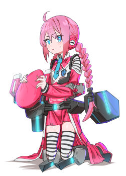 1girl :o blue_eyes blue_necktie blush boots braid cosmic_break dress flat_chest gajimaro hat highres holding holding_unworn_clothes holding_unworn_hat icy_(cosmic_break) kneeling mecha_musume military_uniform necktie peaked_cap pink_hair striped_clothes striped_thighhighs sweatdrop thighhighs twin_braids twintails unworn_hat unworn_headwear