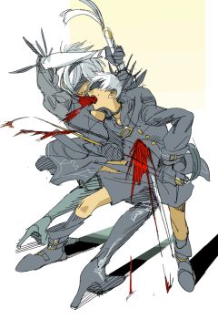 1boy 1girl 2b_(nier:automata) 9s_(nier:automata) attack black_boots black_choker black_dress black_gloves black_jacket black_shorts black_socks black_visor blindfold blood blood_from_mouth boots choker dress feather_trim full_body gloves high_heel_boots high_heels highres holding holding_sword holding_weapon jacket nier:automata nier_(series) parted_lips pure_to_ma short_hair shorts socks stab sweatdrop sword weapon white_background white_hair