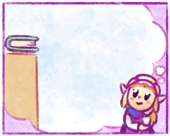 1girl animated animated_gif artist_name blonde_hair blush_stickers book bookshelf border bytesizedshorts cape chibi chibi_only circlet creature dress from_side holding holding_book holding_wand ladder moblin nintendo pink_dress pointy_ears princess_zelda purple_cape speech_bubble standing the_legend_of_zelda the_legend_of_zelda:_echoes_of_wisdom thinking thought_bubble treasure_chest tree wand