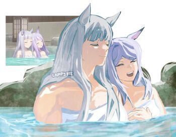 2girls animal_ears bare_shoulders blunt_bangs breasts closed_eyes closed_mouth game_screenshot_inset gold_ship_(umamusume) grey_hair highres horse_ears horse_girl lampy_uikoko long_hair mejiro_mcqueen_(umamusume) multiple_girls naked_towel onsen open_mouth purple_hair rock smile teeth towel umamusume upper_teeth_only water