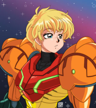 0tacat 1girl alternate_hair_length alternate_hairstyle armor blonde_hair blue_eyes commentary commission english_commentary eyelashes highres metroid mole mole_under_mouth nintendo no_headwear power_armor power_suit_(metroid) samus_aran short_hair solo sparkle upper_body