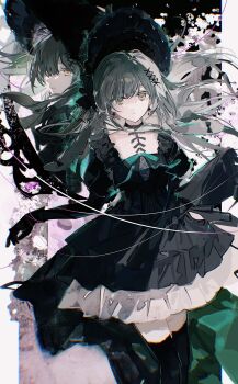 2girls absurdres animal_ears arknights bang_dream! bang_dream!_it&#039;s_mygo!!!!! black_bonnet black_dress black_gloves black_thighhighs bonnet buqiyong chinese_commentary closed_mouth commentary_request different_reflection dress dual_persona expressionless feet_out_of_frame floppy_ears frilled_dress frills gloves gothic_lolita green_hair green_ribbon hair_ornament highres juliet_sleeves lolita_fashion long_hair long_sleeves looking_at_viewer mirror mortis_(bang_dream!) mortis_(persona)_(bang_dream!) multiple_girls puffy_sleeves rabbit_ears rabbit_girl reflection ribbon sidelocks standing thighhighs wakaba_mutsumi wakaba_mutsumi_(marionette&#039;s_id) x_hair_ornament yellow_eyes