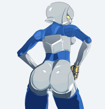 1girl android anus artist_request ass back backboob breasts candy_diamond female_focus from_behind hands_on_own_hips looking_back medium_breasts nipples robot shiny_skin short_hair silver_hair silver_skin snk solo the_king_of_fighters