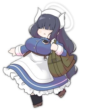 1girl :o apron bag black_hair black_socks blue_archive blue_dress blush breasts brown_shoes chibi dress faceless faceless_female facing_viewer frilled_dress frills full_body hair_over_eyes halo hat horns juliet_sleeves large_breasts long_hair long_sleeves medical_emergency_club_member_(blue_archive) miranofuudoria parted_lips puffy_sleeves shoes simple_background socks solo very_long_hair white_apron white_background white_hat