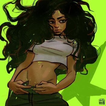 1girl artist_logo black_eyeliner black_hair black_pants brat_(charli_xcx) breasts charli_xcx closed_mouth commentary covered_erect_nipples cowboy_shot cropped_shirt curly_hair denim english_commentary eyeliner floating_hair green_background hair_over_shoulder halftone highres jeans logo long_hair looking_to_the_side makeup medium_breasts midriff mole mole_above_mouth mole_on_nose narrow_waist navel neon_palette pants shirt skcd_loen star_(symbol) star_symbol_background t-shirt tan unworn_pants white_shirt