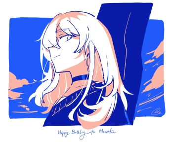 1girl cho_k_(choco_tcl) choker cloud commentary girls_band_cry guitar_case happy_birthday hashtag-only_commentary highres instrument_case instrument_on_back kawaragi_momoka limited_palette long_hair multicolored_hair roots_(hair) shirt sky solo sweater upper_body