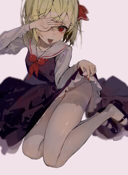 Rule 34 | 1girl, absurdres, arched back, black dress, black shoes, blonde hair, blurry, clothes lift, come hither, commentary, covering one eye, dated commentary, dress, dress lift, fang, hair ribbon, hand over eye, highres, legs, lifting own clothes, long sleeves, looking at viewer, mary janes, nail polish, neck bobbles, neckerchief, one eye covered, open mouth, pantyhose, pink background, red eyes, red nails, red neckerchief, red ribbon, ribbon, rumia, sailor collar, shiny clothes, shiny legwear, shirt, shirt under dress, shoes, short hair, simple background, sitting, sleeveless, sleeveless dress, slit pupils, solo, thighband pantyhose, tongue, tongue out, touhou, upturned eyes, white pantyhose, white sailor collar, white shirt, ya yuan, yokozuwari