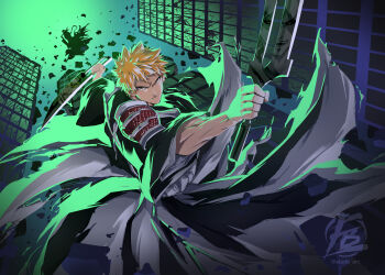 armor battle bleach bleach:_sennen_kessen-hen building debris dual_wielding eladb_art fighting_stance furrowed_brow highres holding holding_sword holding_weapon japanese_armor kurosaki_ichigo male_focus orange_hair shinigami short_hair shoulder_armor skyscraper spiked_hair sword true_zangetsu_(shikai) twitter_username weapon zanpakutou