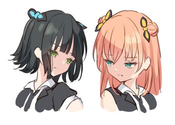 2girls 5th_live_tour_~4pair_power_spread!!!!~ :| alt_text atarayo_hanabi bare_shoulders black_hair black_jacket black_necktie closed_mouth collared_shirt commentary_request double_bun expressionless eye_contact glaring hair_bun hanazora_satsuki hinoshita_kaho i_do_me!_(love_live!) jacket link!_like!_love_live! long_sleeves looking_at_another love_live! medium_hair momose_ginko multiple_girls necktie official_alternate_costume open_clothes open_jacket orange_hair parted_lips shirt short_hair sleeveless sleeveless_jacket virtual_youtuber white_shirt