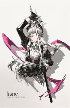 1girl apron arknights arm_up belt black_dress black_gloves dress drop_shadow earrings gloves grey_eyes grey_hair head_wings highres holding holding_sword holding_weapon irene_(arknights) jewelry juliet_sleeves long_hair long_sleeves looking_at_viewer maid maid_apron maid_headdress nmhxjrvjfj64131 pink_ribbon puffy_sleeves ribbon shadow sheath simple_background solo sword unsheathing weapon wings