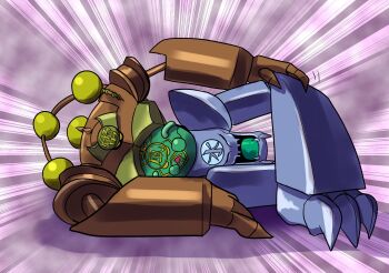 1boy artist_request claws creature dated duel_monster emphasis_lines full_body fusion gate_guardian highres humanoid_robot kazejin multiple_eyes multiple_heads no_humans robot sanga_of_the_thunder sharp_teeth suijin teeth what yu-gi-oh!