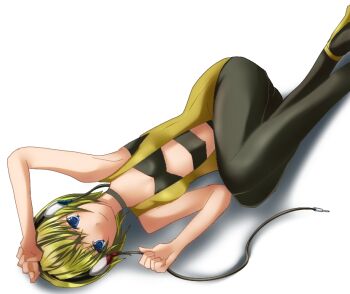 10s 1girl armpits arms_up bare_shoulders blonde_hair blue_eyes blush cable elesa_(pokemon) female_focus gym_leader headphones lying nintendo pantyhose plug pokemon pokemon_bw short_hair simple_background solo white_background wire