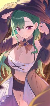 1girl absurdres alternate_costume bare_shoulders belt black_coat black_hat black_shorts bow bowtie breasts brooch cleavage closed_mouth coat commentary_request cowboy_shot crop_top detached_collar earrings green_hair hands_up hat highres jewelry large_breasts long_hair long_sleeves looking_at_viewer midriff mole mole_on_breast navel off_shoulder open_clothes open_coat red_eyes ronununn shirt short_shorts shorts sleeveless sleeveless_shirt smile solo spaghetti_strap stomach thighs virtual_youtuber vspo! white_shirt witch_hat yakumo_beni