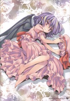 1girl absurdres barefoot bat_wings female_focus full_body hat highres light_purple_hair lying on_side parted_lips pointy_ears pop puffy_sleeves red_eyes remilia_scarlet ribbon sash scan shirt short_hair short_sleeves simple_background skirt skirt_set solo touhou unworn_hat unworn_headwear vest wings