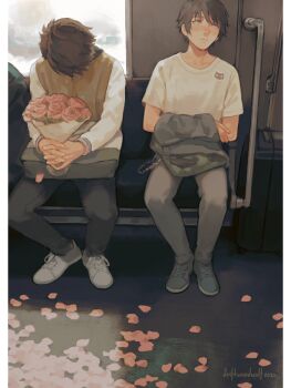 2boys animal_print bag bilingual_commentary black_hair black_pants blush bouquet cat_print commentary driftwoodwolf english_commentary flower grey_pants holding holding_bouquet long_sleeves looking_down looking_to_the_side male_focus mixed-language_commentary multiple_boys original pants petals scenery shirt shoes sitting train_interior white_shirt white_shoes window yaoi