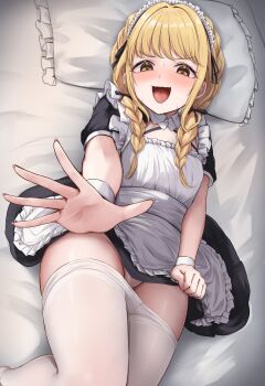 1girl absurdres alternate_costume apron black_dress blonde_hair blush braid clothes_pull commentary_request dress dress_tug enmaided fang fujita_kotone gakuen_idolmaster highres idolmaster long_hair looking_at_viewer lying maid maid_apron maid_headdress minazuki_(uraha246) nervous_sweating on_back on_bed outstretched_arm outstretched_hand panties pantyhose pantyhose_pull skin_fang solo sweat twin_braids underwear white_panties white_pantyhose yellow_eyes