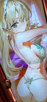 absurdres ass back bare_shoulders blonde_hair blue_eyes blush bra breasts closed_mouth commentary_request door doorway earrings enj! from_behind hair_over_one_eye highres indoors jewelry long_hair looking_back open_door original panties pov_doorway sideboob standing sweat underwear undressing white_bra white_panties