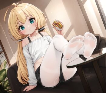 1girl ahoge black_shorts blonde_hair burger chair commentary comodox eating english_commentary feet food green_eyes highres indoors legs long_hair looking_at_viewer low_twintails midriff miu_(comodox) no_shoes original pantyhose pantyhose_under_shorts shirt short_shorts shorts sitting soles solo table thighs toes twintails white_pantyhose white_shirt window