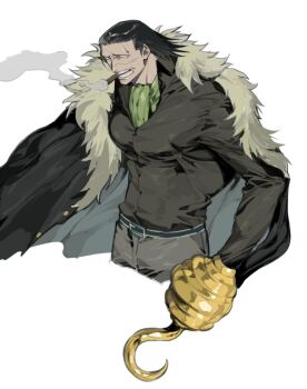 1boy ascot belt black_cape black_hair black_shirt cape cigar collared_shirt crocodile_(one_piece) cropped_legs fur-trimmed_cape fur_trim green_ascot grey_pants hair_slicked_back high_collar hook hook_hand long_sleeves looking_ahead male_focus nitoera_ne one_piece open_collar pants sanpaku scar scar_on_face shirt simple_background smoke smoke_trail smoking solo teeth white_background white_fur wing_collar