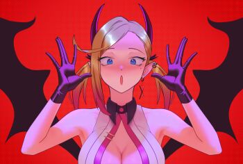 1girl :o bare_arms bare_shoulders black_gloves black_horns blonde_hair blue_eyes breasts cleavage cleavage_cutout clothing_cutout commentary cowboy_shot demon demon_girl demon_horns demon_wings ear_piercing earrings english_commentary eyelashes forehead gloves gradient_hair halter_shirt halterneck hands_up highres hoop_earrings horns jewelry large_breasts leather leather_gloves medium_hair moggald mole mole_under_eye motley_(moggald) multicolored_hair multiple_piercings open_mouth original parted_bangs piercing pink_hair pointy_ears red_background screentones shirt side_part sleeveless sleeveless_shirt twintails upper_body white_shirt wings