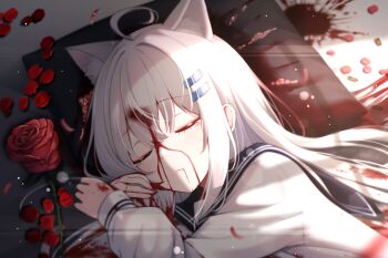 1girl ahoge animal_ear_fluff animal_ears blood blood_on_bed blood_on_clothes blood_on_face blood_on_hands blood_on_mouth blood_on_pillow blush bullet cat_ears cat_girl cat_tail commentary_request corpse dying execution flower furrowed_brow guro hair_ornament hairclip hand_on_own_face highres linjia_kaidi on_bed original parallel_hairclips pill pillow red_flower red_rose rose ryona sunlight tail variant_set white_hair white_tail