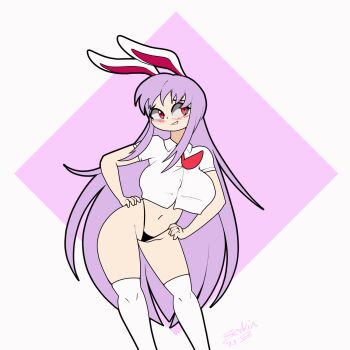 1girl animated animated_gif blush bottomless bouncing_breasts breasts female_focus highres large_breasts long_hair looking_at_viewer necktie purple_hair rabbit_ears rabbit_girl red_eyes reisen_udongein_inaba shirt solo standing thighhighs thong touhou white_shirt white_thighhighs zedrin