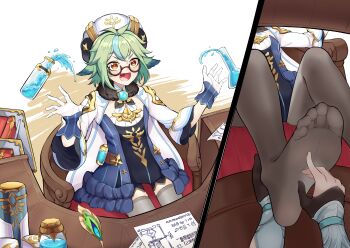 1girl animal_ears chair feet foot_focus genshin_impact green_hair hat highres ke_(justanegg) laughing lumine_(genshin_impact) open_mouth pantyhose paper potion round_eyewear sitting smile soles sucrose_(genshin_impact) surprised table tickling tickling_feet toes under_table