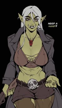 abs belt black_eyeliner black_eyeshadow black_jacket black_lips black_pantyhose breasts brown_eyes clenched_teeth coat colored_skin commentary english_commentary eyeliner eyeshadow female_orc green_skin grey_coat gun highres jacket jewelry lace-up_top large_breasts makeup muscular muscular_female necklace orc outstretched_hand pantyhose pointy_ears short_shorts shorts shotgun skull_belt spiked_ear_piercing teeth thick_eyebrows thick_eyelashes torn_clothes torn_pantyhose trench_coat tusks warcraft weapon white_hair world_of_warcraft ykshelter