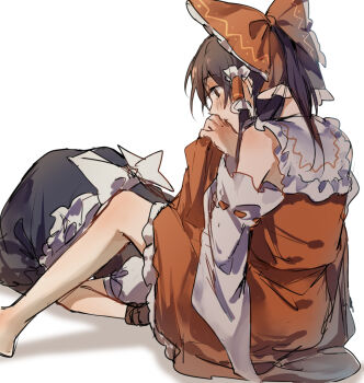 2girls aihara-rina back_bow black_skirt black_vest blush bow brown_eyes brown_hair chinese_commentary clothes_lift commentary_request frilled_bow frilled_hair_tubes frilled_skirt frills hair_bow hair_tubes hakurei_reimu implied_cunnilingus kirisame_marisa lifting_own_clothes long_hair multiple_girls red_bow red_skirt ribbon-trimmed_sleeves ribbon_trim sitting skirt skirt_lift skirt_set spread_legs touhou vest white_bow yuri