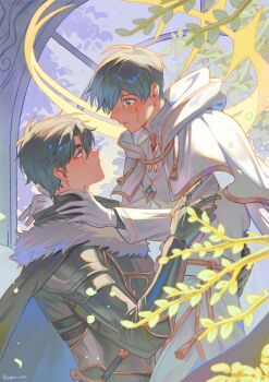 Rule 34 | 2boys, absurdres, armor, black cape, black gloves, black hair, brooch, cape, commentary, cowboy shot, falling leaves, fur collar, gloves, gold trim, halo, hand on another's neck, highres, jewelry, kim dokja, knight, leaf, looking at another, male focus, monocle, multiple boys, omniscient reader's viewpoint, papercider, scar, scar across eye, scar on face, shirt, short hair, shoulder armor, spiked halo, symbol-only commentary, tassel, white cape, white gloves, white shirt, yoo joonghyuk