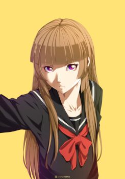 1girl absurdres black_sailor_collar black_shirt blunt_bangs brown_hair closed_mouth collarbone commentary english_commentary fuwa_aika highres instagram_username light_frown long_hair long_sleeves looking_at_viewer outstretched_arm purple_eyes sailor_collar shirt simple_background solo stayaliveplz straight_hair upper_body yellow_background zetsuen_no_tempest