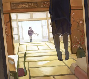 Rule 34 | 1boy, 1other, architecture, armor, backlighting, barefoot, black gloves, black hair, chair, commentary, corpse, death, desk, east asian architecture, gloves, hand on own hip, hanged, highres, indoors, japanese armor, japanese clothes, kneehighs, male focus, military uniform, note, plant, potted plant, short hair, short sword, shorts, socks, standing, suicide, sword, tantou, tatami, touken ranbu, weapon, yagen toushirou, yamamoto dalmet