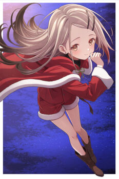 blonde_hair boots border brown_boots brown_eyes cape closed_mouth commentary_request earrings flipped_hair foreshortening full_body gakuen_idolmaster gradient_hair grey_hair hand_to_own_mouth hand_up highres idolmaster jewelry long_hair long_sleeves looking_at_viewer multicolored_hair outside_border parted_bangs red_cape red_shirt red_shorts ryusei2u santa_costume shinosawa_hiro shirt shorts sky smile standing star_(sky) starry_sky stud_earrings white_border