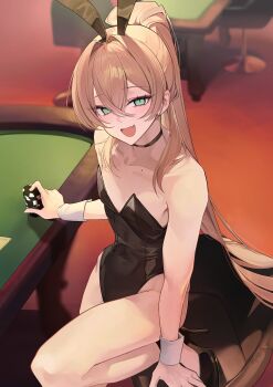 1boy absurdres animal_ears commentary crossdressing crossdressing_(mtf) crossed_bangs fake_animal_ears green_eyes high_ponytail highres leotard long_hair male_playboy_bunny open_mouth original playboy_bunny poker_chip poker_table ponytail shun_en sitting smile solo table trap wrist_cuffs zurui_ninjin