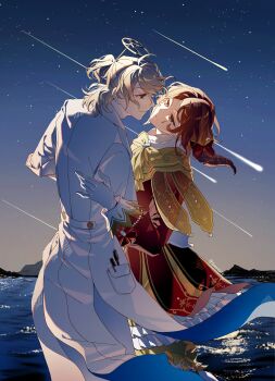 2boys absurdres androgynous arm_around_waist bishounen blonde_hair blue_eyes bow brown_hair coat drill_hair drill_ponytail edgar_valden edgar_valden_(narcissus) eye_contact floating_clothes floating_hair frilled_tunic greenn hair_bow half_updo hand_on_another&#039;s_back hashtag-only_commentary highres identity_v imminent_kiss looking_at_another luca_balsa luca_balsa_(paranormal_detective) male_focus multiple_boys night night_sky ocean official_alternate_costume ponytail red_bow red_tunic shooting_star sidelighting sky star_(sky) starry_sky sunset tunic white_coat yaoi yellow_eyes