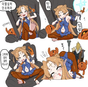 Rule 34 | 1boy, 1girl, 2others, armpits, ass, barefoot, blonde hair, blue leotard, blush, brown pantyhose, chain, clothing cutout, commentary request, cone hair bun, cuffs, double bun, hair bun, hand on own chin, head rest, highres, humanization, korean commentary, legs, leotard, long hair, malsan, mesugaki, microskirt, minion (slay the spire), multiple others, navel, on throne, open mouth, pantyhose, parted bangs, pointing, pointy ears, punishment, shackles, sitting, skirt, slay the spire, slay the spire 2, sleeveless, speech bubble, spread legs, star (symbol), stirrup legwear, stomach cutout, tearing up, tears, teeth, the ironclad (slay the spire), the regent (slay the spire), thighs, throne, toeless legwear, toes, top-down bottom-up, very long hair, yellow eyes