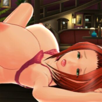 1girl 3d animated animated_gif armpits bra bra_pull breast_expansion breasts clothes_pull female_focus gigantic_breasts green_eyes hip_focus huge_breasts illusion_soft implied_sex legs lingerie lowres lying musumakeup nipples on_back red_bra red_hair solo underwear