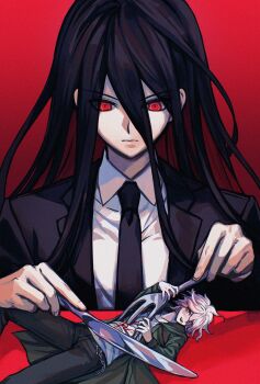 Rule 34 | 2boys, black hair, black jacket, black necktie, black pants, blush, chinese commentary, closed mouth, coat, collared shirt, commentary request, cyacyacyacyaki, danganronpa (series), danganronpa 2: goodbye despair, drawstring, drooling, expressionless, eyes visible through hair, film grain, fork, giant, green coat, hair between eyes, highres, holding, holding fork, holding knife, hood, hood down, hooded coat, imminent cannibalism, jacket, kamukura izuru, knife, komaeda nagito, lapels, long hair, long sleeves, male focus, multiple boys, necktie, notched lapels, open clothes, open coat, open jacket, open mouth, pants, red background, red eyes, sanpaku, shirt, short hair, smile, tsurime, v-shaped eyebrows, white hair, white shirt, yaoi, yellow eyes