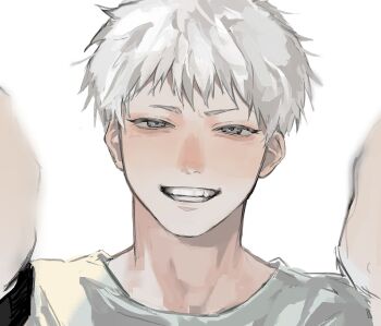 1boy api_(ppi_52) blush grey_eyes grin hashtag-only_commentary highres hikaru_ga_shinda_natsu indou_hikaru looking_at_viewer male_focus short_hair simple_background smile solo teeth watch white_background white_hair wristwatch